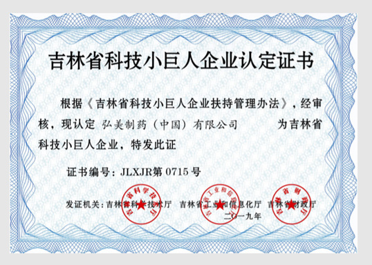 吉林省科技小巨人企业认定证书